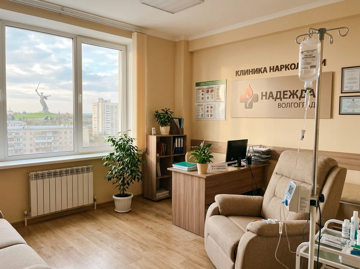 фон наркологической клиники в Волгограде — светлый медицинский кабинет с капельницей, тёплое освещение, профессиональная обстановка