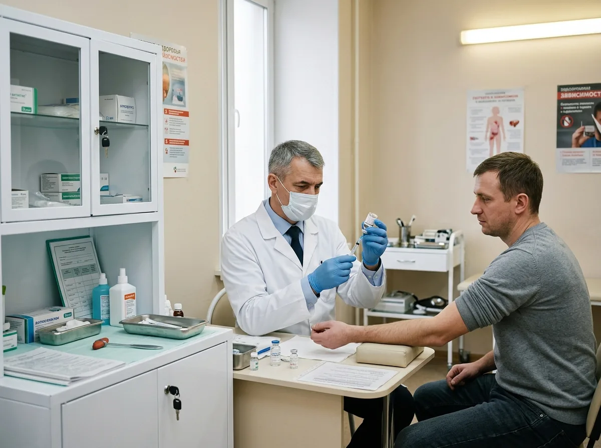 врач проводит кодирование от алкоголизма — кабинет, медицинские инструменты, профессиональная атмосфера