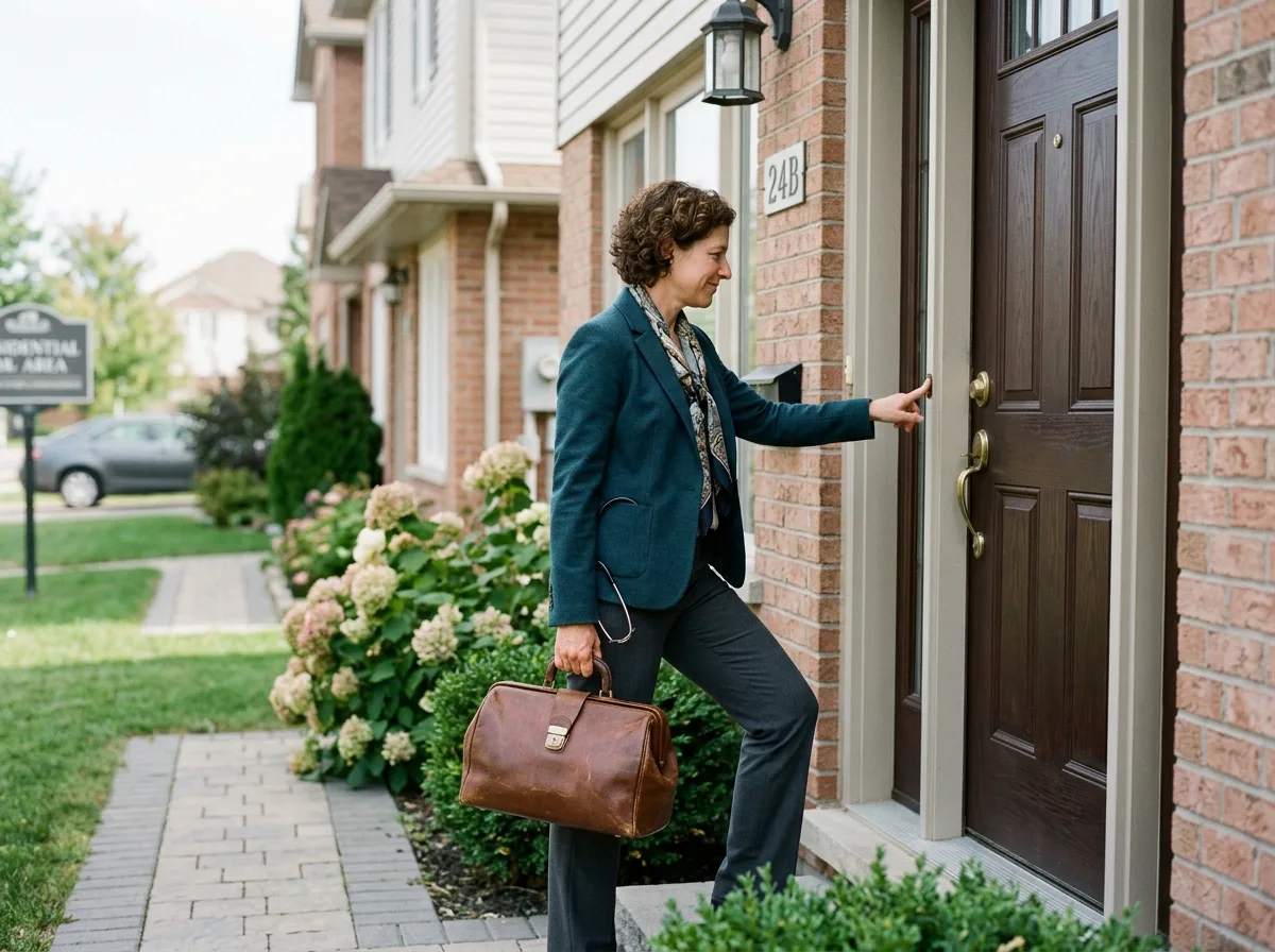 нарколог приехал на дом к пациенту — звонит в дверь с медицинским чемоданчиком, дневное время, жилой дом