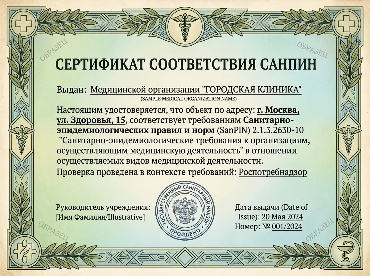 сертификат соответствия санитарным нормам СанПиН для медицинской организации — официальный бланк Роспотребнадзора