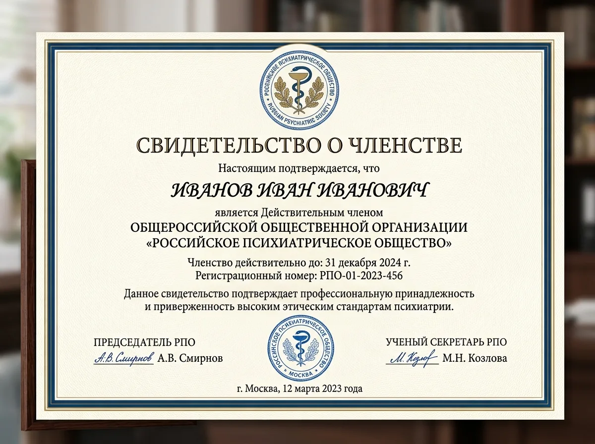 свидетельство членства в Российском обществе психиатров — официальный документ профессиональной организации